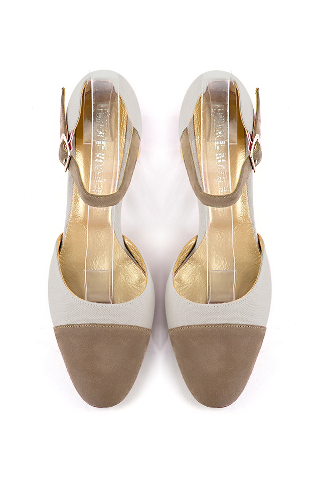 Women's tan beige and off white elegant closed-back heels, with an instep strap. Round toe. Medium block heels - Top view